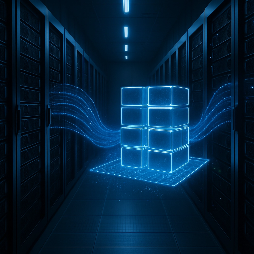 A realistic, high-resolution image of a modern data center aisle lined with Dell PowerEdge servers. In the aisle, a translucent, futuristic holographic blueprint is projected, showing the flow of data—represented as streams of blue particles—from storage racks into a cluster of glowing NVIDIA H100 GPUs. The atmosphere is cool, efficient, and filled with low, blue ambient light. The image must be completely free of any text, letters, or words.