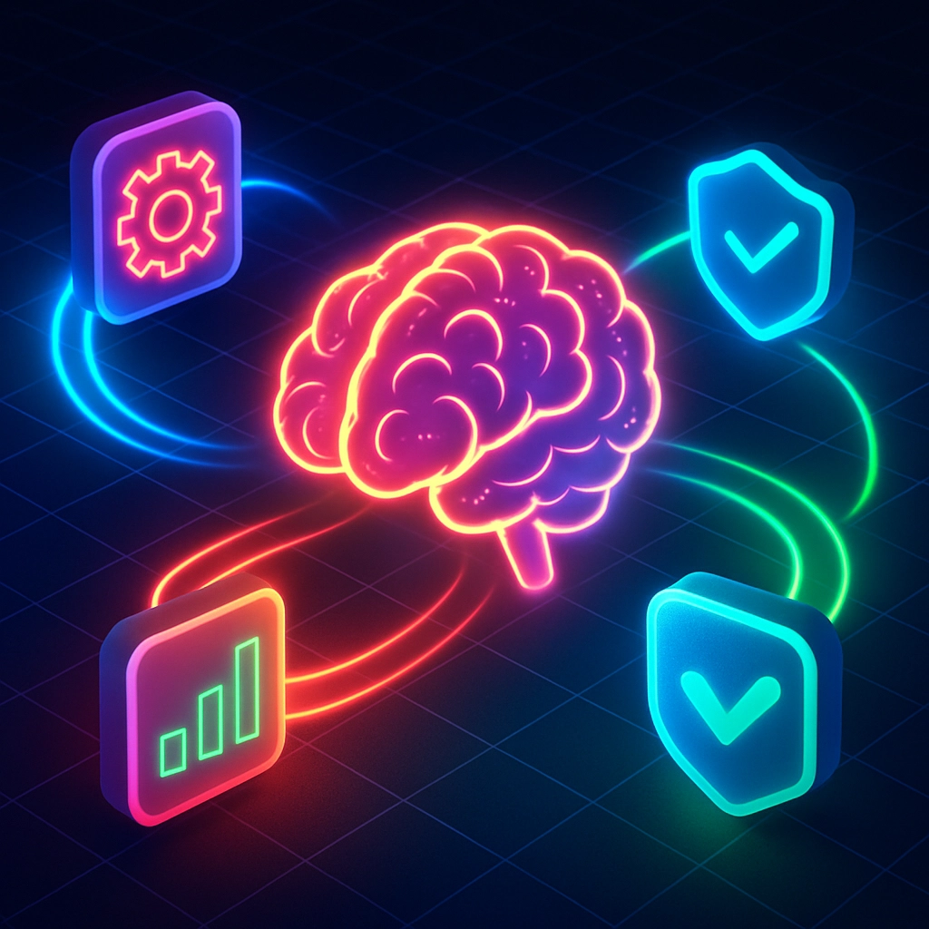 A vibrant, futuristic digital illustration. A central, large, glowing brain icon (representing the orchestrator) is surrounded by smaller, colorful geometric shapes (agents) connected by dynamic, flowing light trails of different colors (blue for data analysis, red for action, green for confirmation). Each agent has a distinct symbol (a gear for automation, a shield for security, a chart for analytics). The background is a dark tech grid, and the image is crisp with a 3D depth effect. The image must contain NO TEXT, LETTERS, OR WORDS.