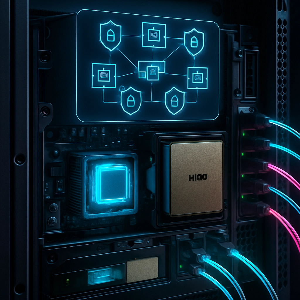 A close-up, ultra-detailed, realistic CGI render of a Dell PowerEdge server rack. Its front bezel has been partially removed to reveal a glowing NVIDIA BlueField DPU and an H100 GPU card. The ports on the back show bright, active fiber optic cables casting a soft, colorful glow (cyan and magenta). A holographic status display floating above the server shows a network diagram with 'Zero Trust' segmentation shields around each agent process. The image is technical, clean, and professional. Absolutely no text, letters, or words.