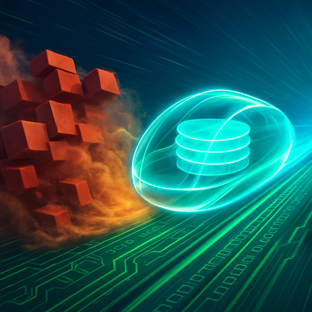 A stylized, high-speed, futuristic 3D rendering. A sleek, glowing, transparent pod (representing the 'validated stack') is traveling down a digital 'speed track' made of green circuit lines and blue binary code streams. It is leaving behind a cloud of 'complexity' and 'integration lag' represented as slow-moving, jagged blocks of red. The pod is sleek and aerodynamic, symbolizing smooth and rapid deployment. The image is bright and energetic. The image must contain no text, letters, or words.