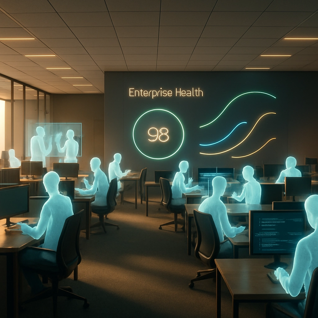 A panoramic, photorealistic rendering of a modern, open-plan office. Instead of human workers, dozens of translucent, glowing, humanoid silhouettes (agents) are working at desks, some holding holographic meetings, others writing code on invisible screens. On the wall, a massive, clean, minimalist digital dashboard shows a glowing 'Enterprise Health' score of 98%, with key metrics like 'Agent Uptime' and 'Task Completion Rate' shown purely as green, blue, and gold abstract bars and curves, with no words. The lighting is warm and futuristic, the atmosphere is calm and efficient. Absolutely no text, letters, or words in the image.