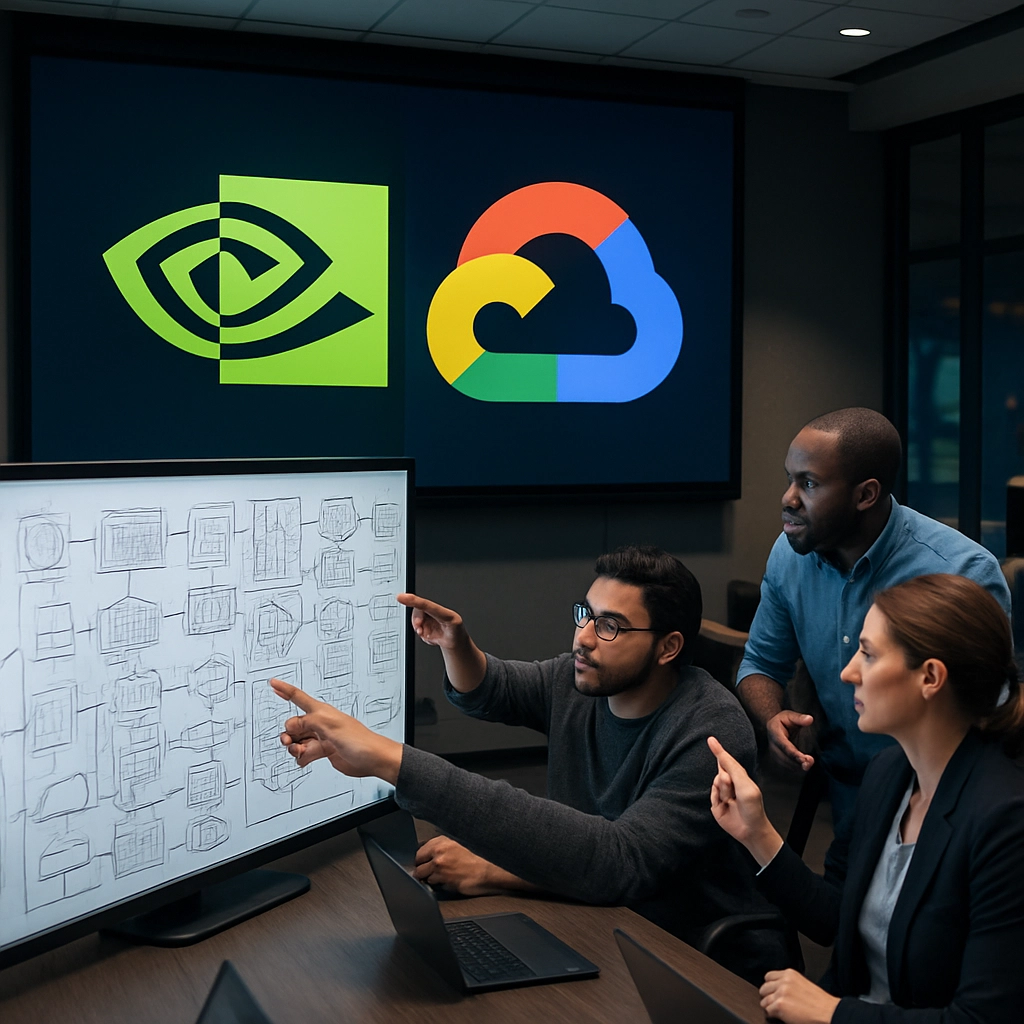 A photorealistic wide-angle shot of a high-tech conference room with a giant screen displaying the NVIDIA and Google Cloud logos merged together. In the foreground, a diverse group of software engineers are engaged in a lively discussion, pointing at a digital whiteboard filled with complex neural network architecture diagrams and cloud infrastructure flowcharts. The room is modern with ambient lighting. NO TEXT, LETTERS, OR WORDS are allowed in the image.