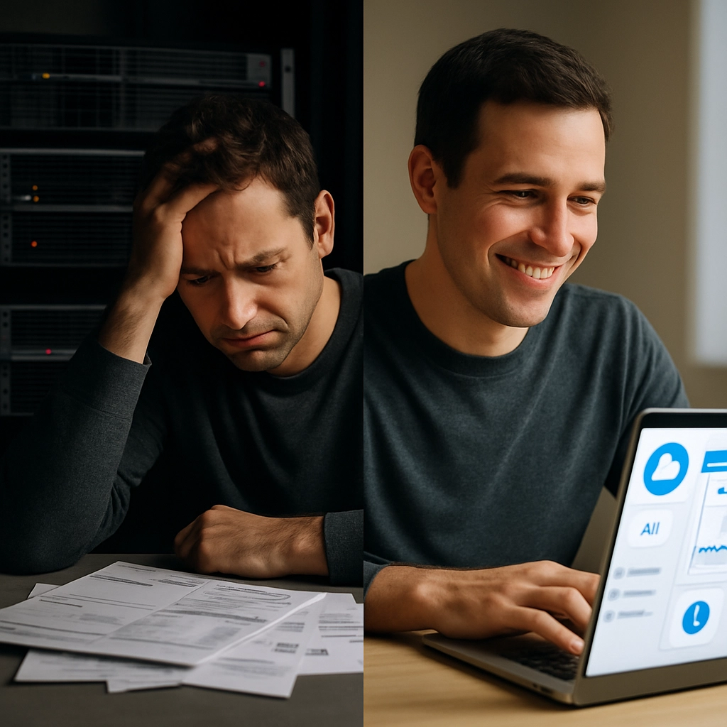 A split-screen composition: on the left side, a worried startup founder looking at a pile of server hardware and large electricity bills; on the right side, the same person smiling and working on a laptop with a user-friendly cloud dashboard showing "AI Builder" active. The lighting transitions from dark to bright. The image should tell a story of overcoming hardware obstacles through cloud partnership. NO TEXT, LETTERS, OR WORDS are allowed in the image.