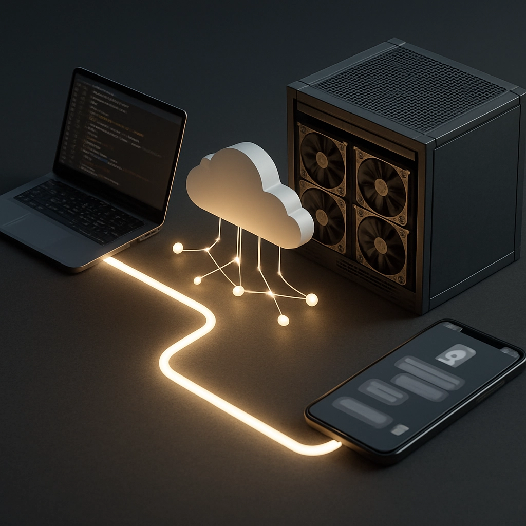 A 3D isometric illustration (photorealistic, not cartoon) showing the workflow of an AI developer: from left to right, a computer with code editor, a cloud network with glowing connections, then a giant GPU server farm, and finally a smartphone with a chatbot interface. The path is illuminated. NO TEXT, LETTERS, OR WORDS are allowed in the image.