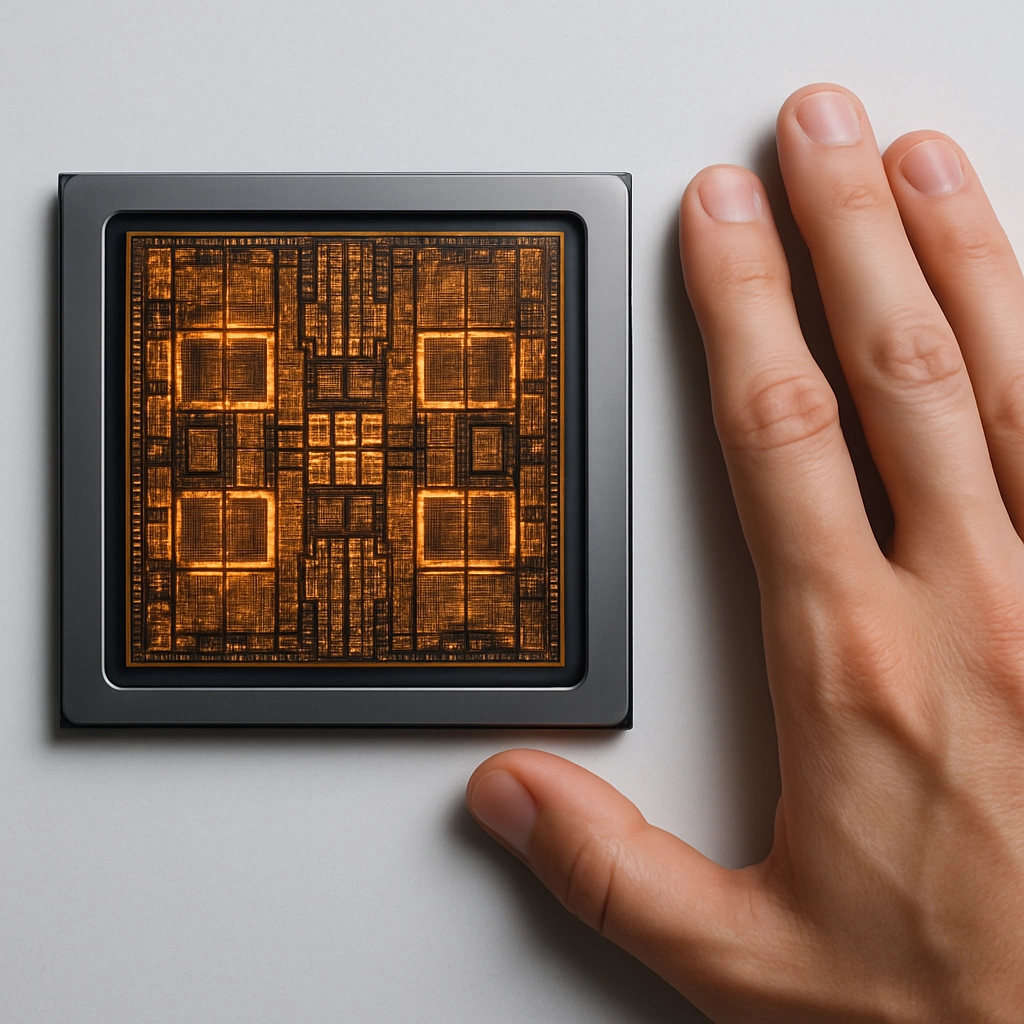 A photorealistic, top-down macro shot of the NVIDIA Grace package next to a human-sized hand for scale. The chip surface is a complex cityscape of microscopic transistors and interconnects, glowing with a subtle, internal amber light. The surrounding area should be a clean, sterile lab surface. The focus should be on the intricate, engineered modularity of the chip design. The image must be devoid of any text, letters, or words.