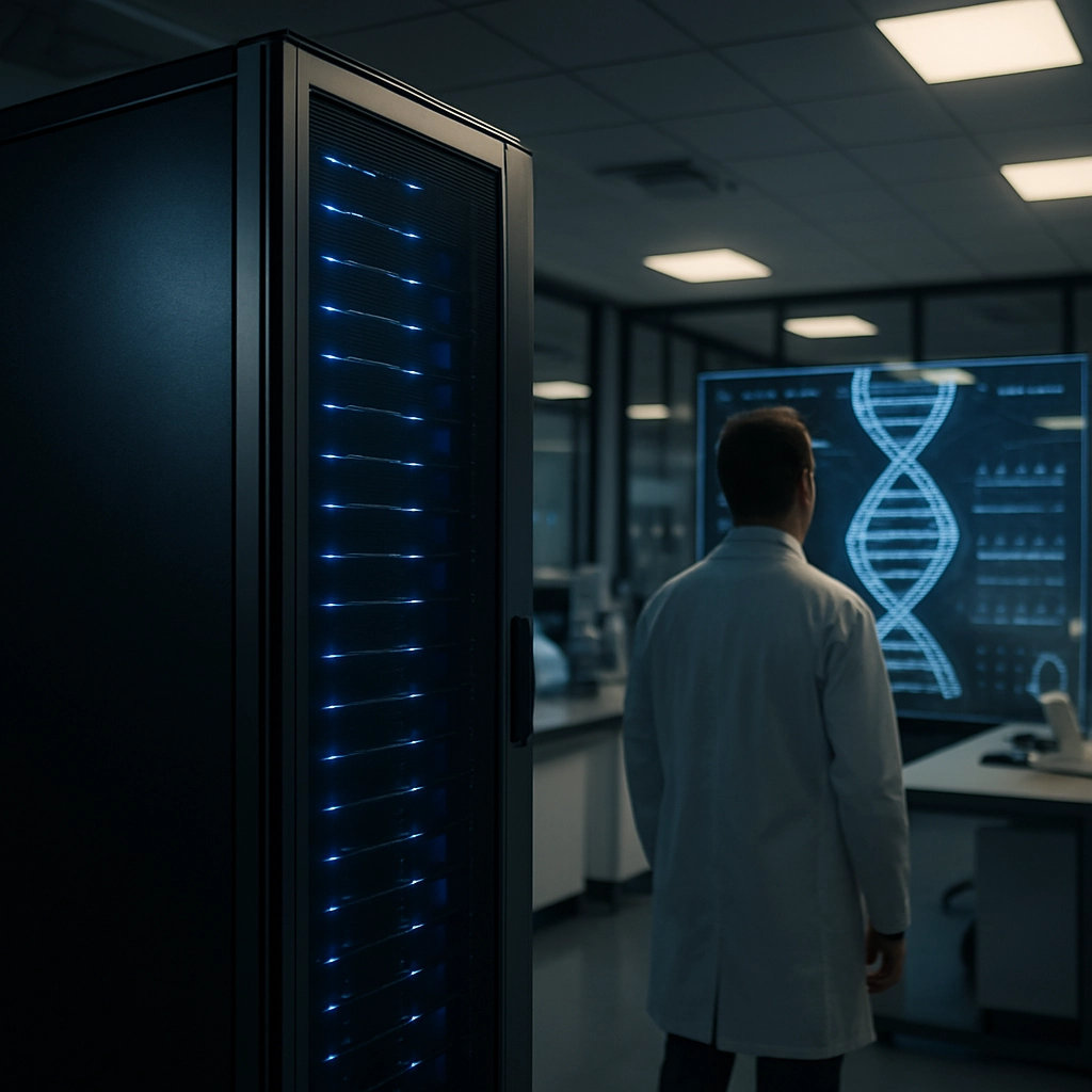A high-resolution, cinematic shot showing the interior of a modern scientific laboratory. In the foreground, a massive, sleek server rack labeled 'NVIDIA Grace' hums with cool blue LED lights. In the background, a scientist viewpoint sees a holographic projection of a human DNA double helix, with complex data graphs floating around it. The lighting should be a combination of cool blue from the server and warm white from the lab ceiling. The image must contain no text, letters, or words.