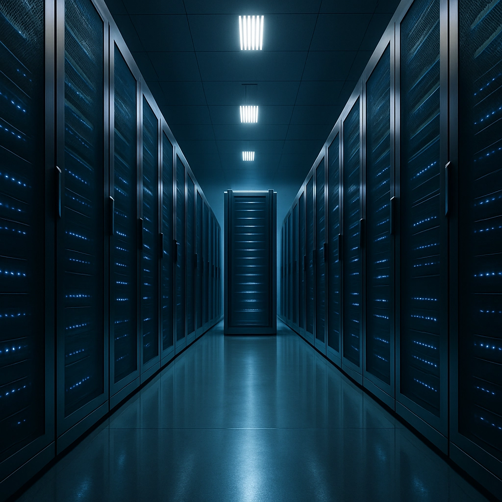 A cinematic, hyper-realistic illustration of a modern, efficient data center aisle. The perspective is from a low angle, looking up at a towering row of server racks. The racks are sleek and emit a faint, uniform blue glow. In the center of the composition, one rack has a slightly brighter blue hue and a distinct, elegant design. The floor is clean and reflective. The overall mood is one of silent, immense power and efficiency. The image should contain no text, letters, or words.