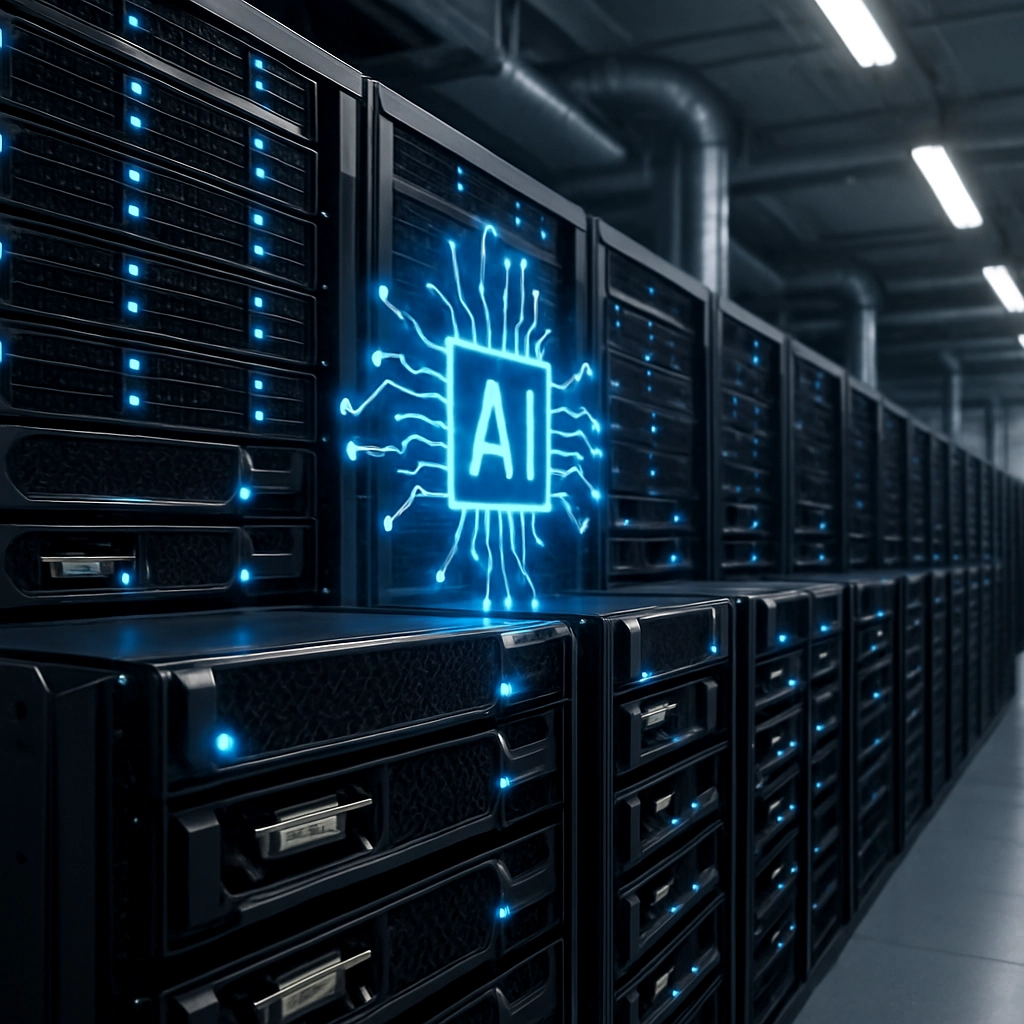 A highly detailed, realistic image showing a modern data center with rows of Dell PowerEdge servers equipped with NVIDIA GPUs. The image should focus on the sleek hardware, with glowing blue LEDs, and a subtle holographic projection of AI algorithms hovering above the servers. The setting is a clean, well-lit server room with cooling ducts and cables neatly organized. The image must contain NO TEXT, LETTERS, OR WORDS.