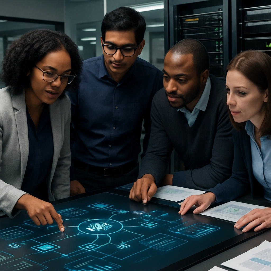 A realistic image depicting a diverse team of IT professionals and data scientists working together in a modern corporate innovation lab. They are gathered around a large interactive touchscreen displaying complex AI models and data flows. In the background, there are racks of Dell servers with NVIDIA GPUs. The atmosphere is collaborative and focused, with documents and diagrams on the table. The image must contain NO TEXT, LETTERS, OR WORDS.