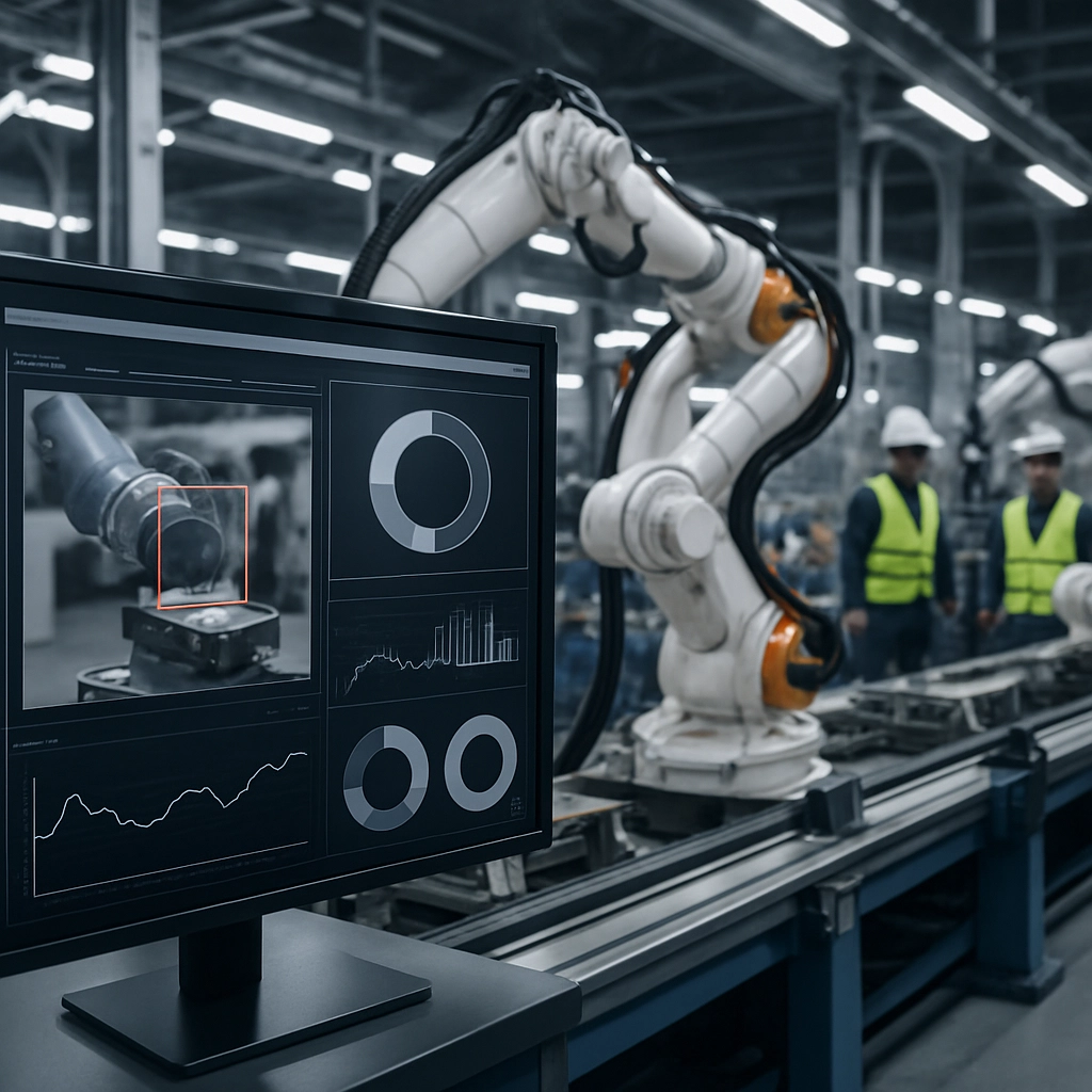 A realistic image of a modern factory floor with robotic arms and assembly lines. In the foreground, a large monitor shows real-time AI analytics, including defect detection alerts and production efficiency metrics. The background shows workers in safety vests monitoring the process. The overall tone is industrial, precise, and technologically advanced. The image must contain NO TEXT, LETTERS, OR WORDS.