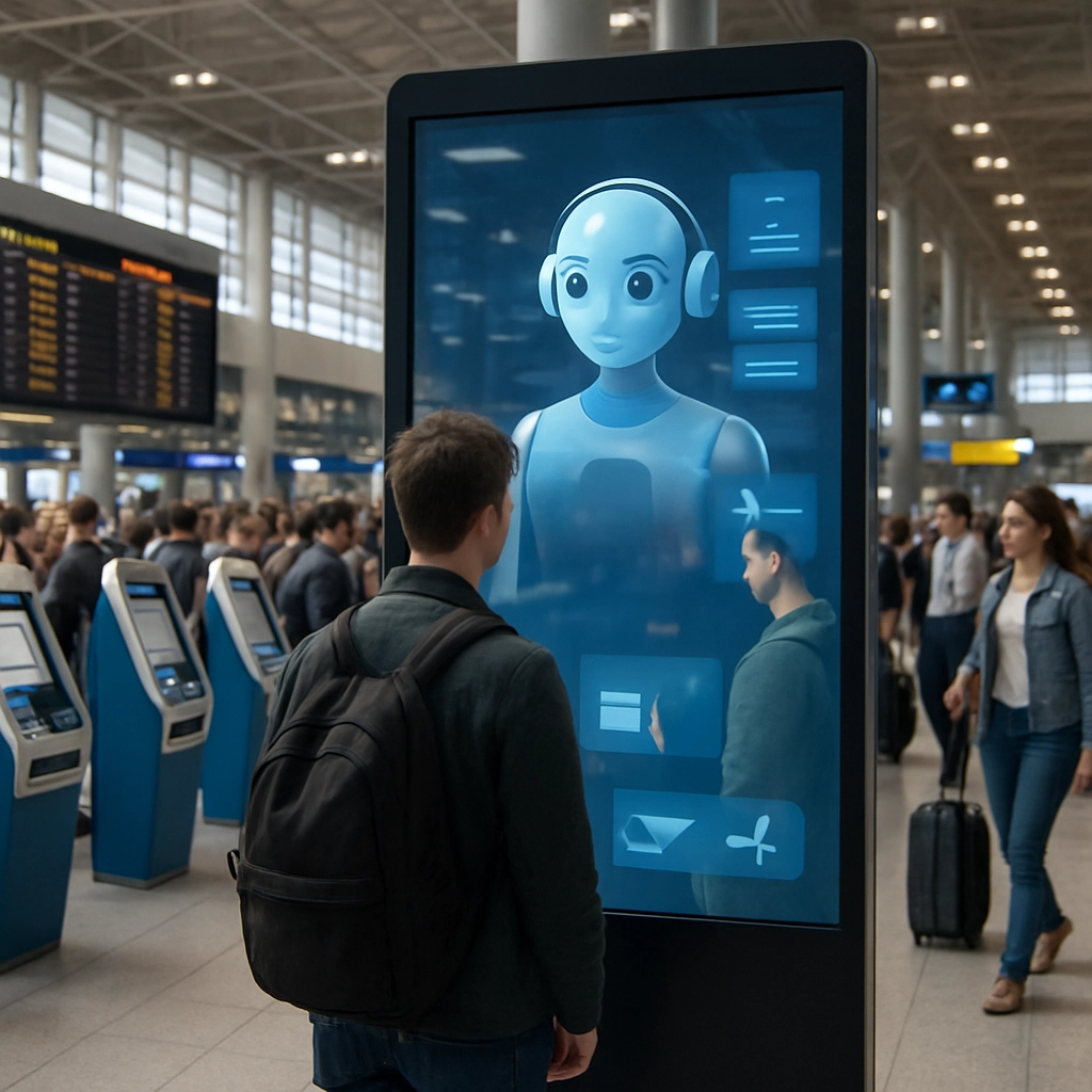A realistic image of a busy airport terminal with digital check-in kiosks and information boards. In the center, there is a large interactive display showing a 3D AI-powered chatbot assisting a traveler. The chatbot interface appears as a friendly hologram on the screen, with real-time flight information and recommendations. The image is set in a modern, bright environment with many passengers. The image must contain NO TEXT, LETTERS, OR WORDS.
