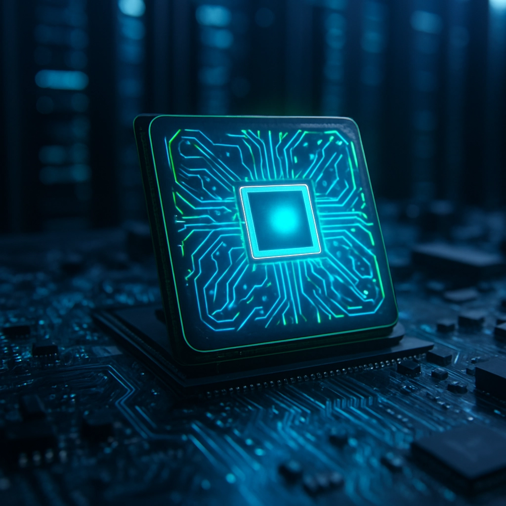 Create a photorealistic image of a close-up view of an advanced CPU chip named Vera, glowing with neon blue and green circuit lines, placed on a futuristic motherboard inside a data center environment, no text, letters, or words in the image, high detail, macro shot, cinematic lighting
