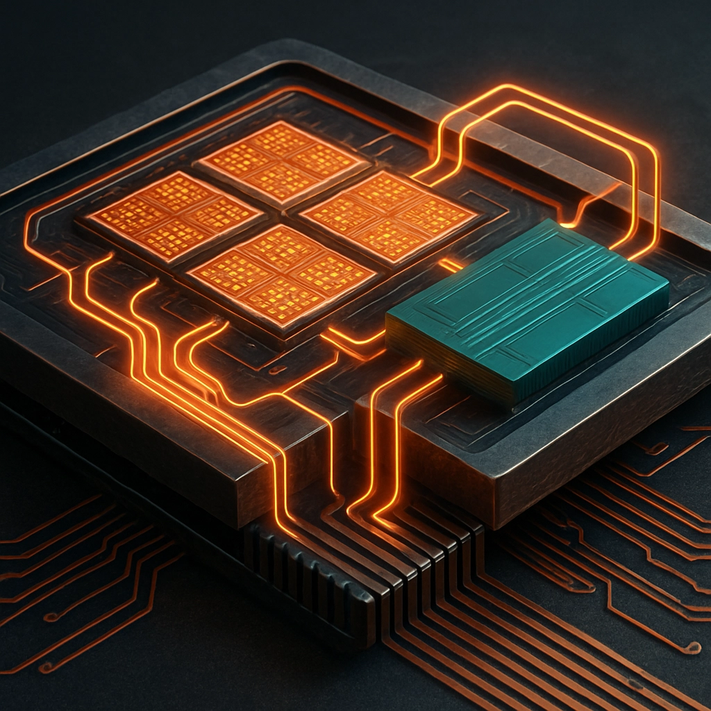 Create a photorealistic image showing a detailed cross-section of a computer chip architecture, highlighting the Neuxa core layout and CXL memory interface, with glowing data pathways and heat management technology, no text, letters, or words in the image, realistic, tech illustration style