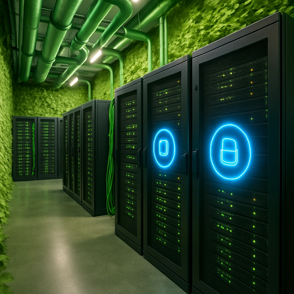 Create a photorealistic image of a modern, green data center with rows of server racks, some of which have a glowing blue badge indicating 'Vera Inside', focusing on energy efficiency cables and cooling pipes, no text, letters, or words in the image, wide angle shot, eco-friendly atmosphere
