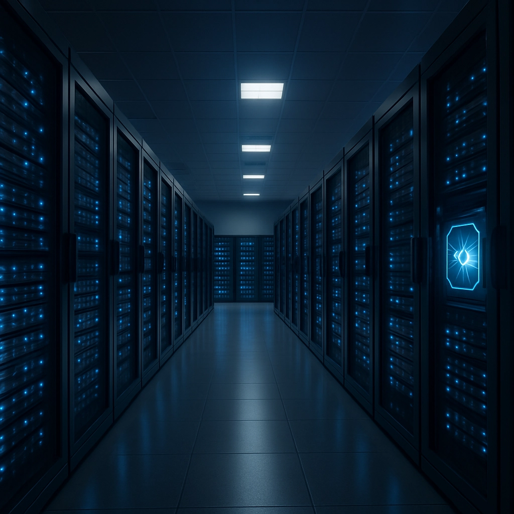 A photorealistic, wide-angle image of a modern data center with rows of server racks illuminated by blue LED lights. One server rack has a glowing RTX badge. The atmosphere is cool and professional. No text, letters, or words are visible anywhere. The image conveys immense computing power and efficiency.