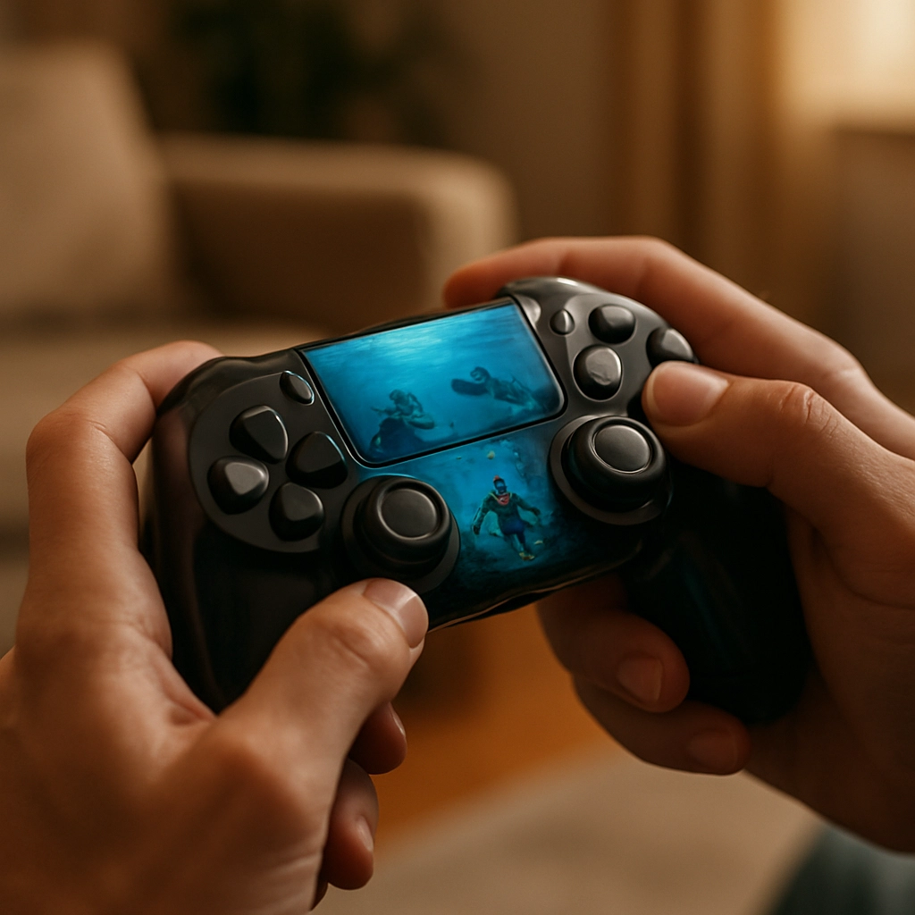 A photorealistic, cinematic image of a gamer's hands holding a game controller, with the reflection of an underwater scene (Subnautica 2) visible in the polished surface of the controller. The background is a softly lit living room. No text, letters, or words are present. The image highlights the tactile feedback and immersive connection to the game.