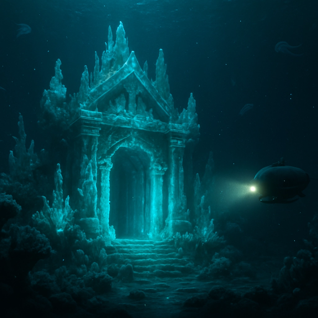 A photorealistic image of an ancient, alien underwater temple made of glowing crystal and coral, submerged in a dark ocean trench. A single, small submarine with a bright headlight is approaching the temple entrance. The water is filled with bioluminescent particles and strange, translucent creatures swimming in the distance. The scene is lit by the sub's light and the temple's internal glow. Absolutely no text, letters, or words are present in the image. The composition is wide and cinematic, emphasizing the scale and mystery of the underwater world.