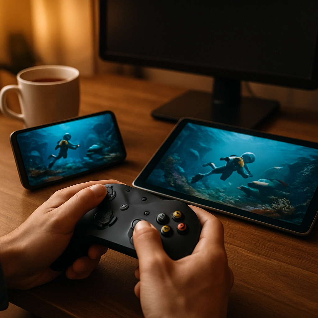 A close-up, hyper-realistic shot of a player's hands holding a game controller over a desk. On the desk, there is a smartphone and a tablet, both screens showing the same game (Subnautica 2) being streamed. The main computer monitor is off, symbolizing that the heavy lifting is done by the cloud. The room is cozy with a cup of coffee next to the controller. No text, letters, or words are visible on any of the screens or in the image. The lighting is warm and natural, emphasizing the ease of cloud gaming across multiple devices.
