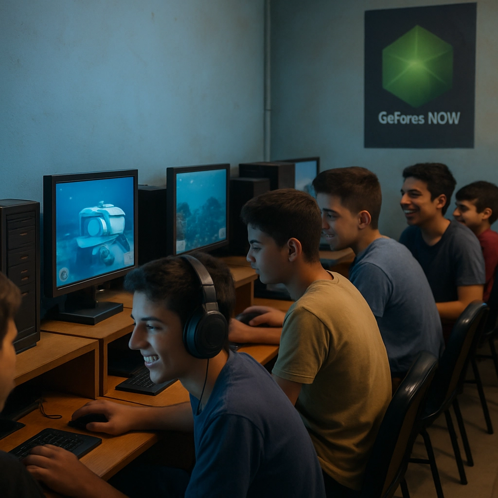 A realistic and vibrant image of a bustling internet cafe in the Middle East. Several teenagers are playing on monitors, all showing the same game (Subnautica 2) but at different progress points. One player is building a base, another is exploring. There are no high-end gaming PCs visible; instead, the computers look like standard office PCs or even thin clients connected to the internet. A poster on the wall shows the GeForce NOW logo but without any text. The atmosphere is lively, with soft blue lighting from the screens reflecting on the happy faces of the players. Absolutely no text, letters, or words are visible in the image.