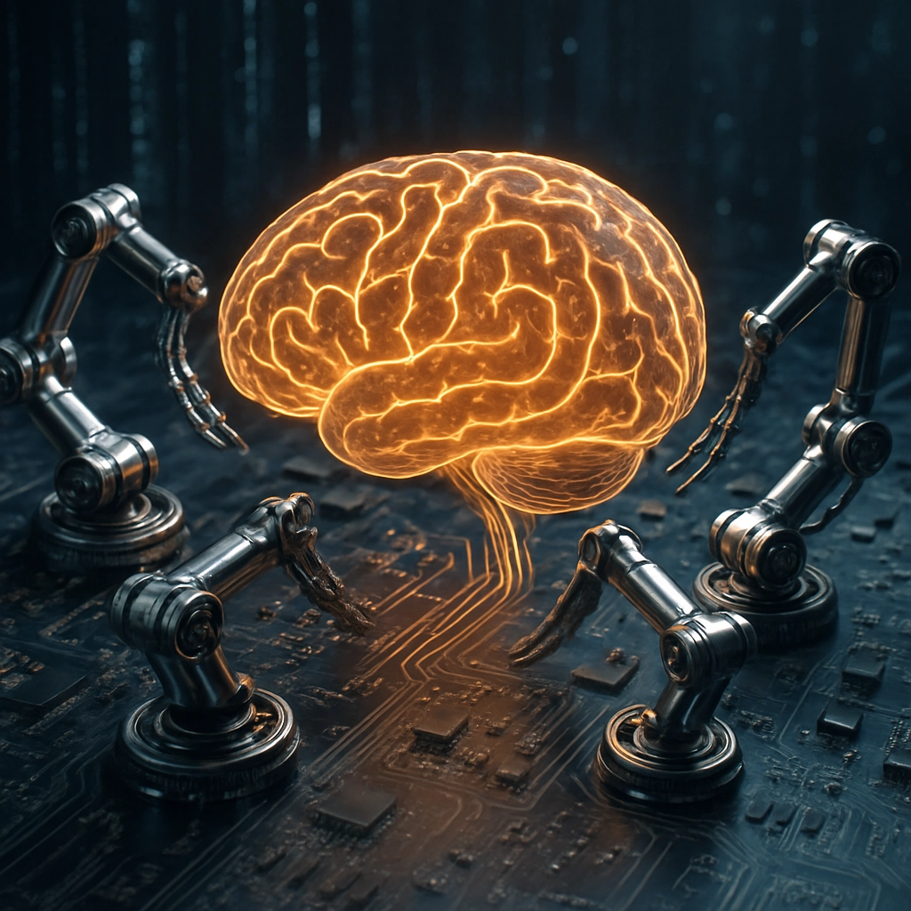 A hyper-realistic image of a complex circuit board with glowing pathways shaped like a human brain. The brain is connected to an array of robotic hands and wheels, all made of shiny metal and glass. The background is a dark, abstract digital space with flowing binary code visualized as light particles. The scene emphasizes the connection between hardware and intelligent decision-making. The prompt MUST state: NO TEXT, LETTERS, OR WORDS in the image.
