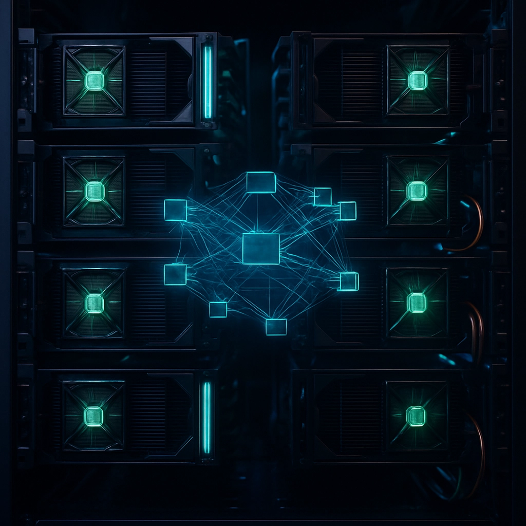 A detailed, close-up, realistic image of a data center rack filled with specialized AI accelerators. The GPUs are illuminated with neon blue and green lights. In the center, a holographic projection shows a complex topology of data flow lines between the chips. The scene is clean, cool, and professional, highlighting the sophistication of the hardware. The prompt MUST state: NO TEXT, LETTERS, OR WORDS in the image.