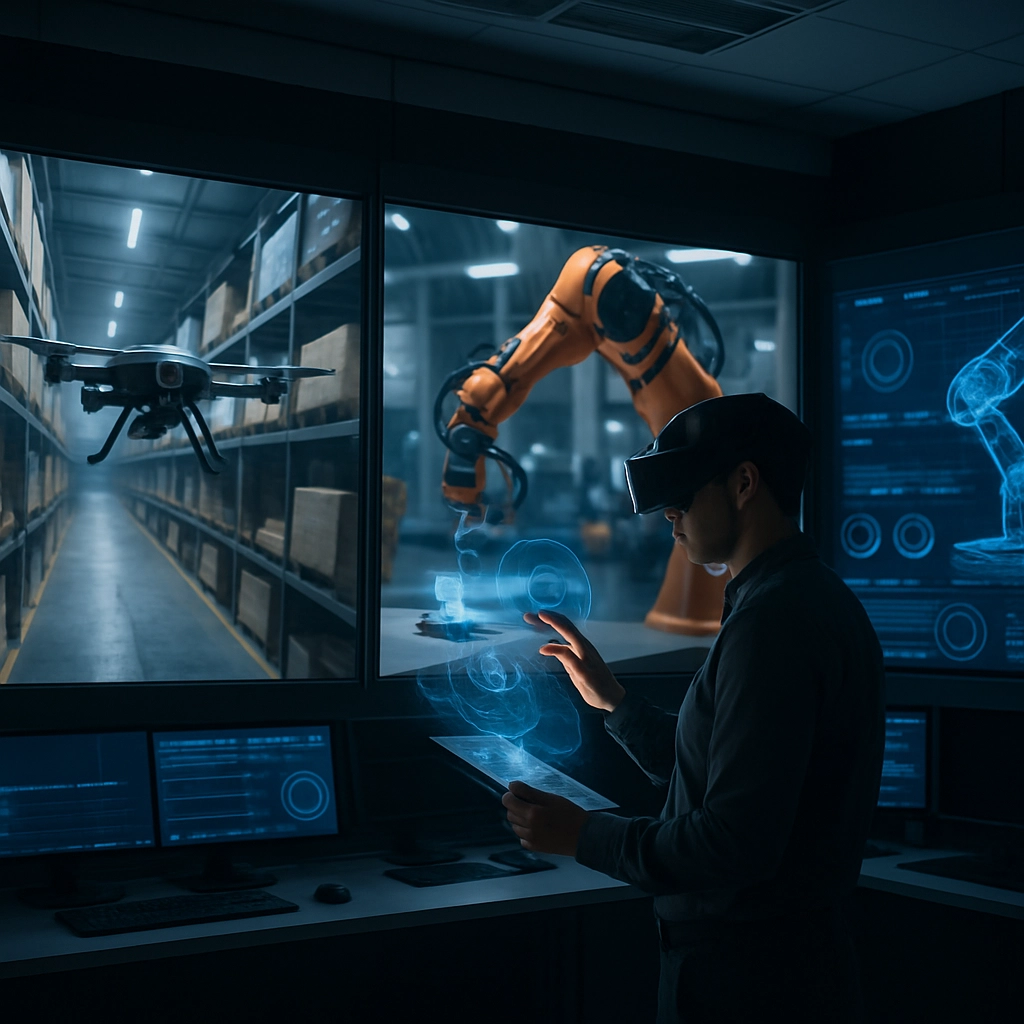 A futuristic control room with multiple large screens displaying various simulations. On one screen, a drone navigates a cluttered warehouse. On another, a robotic arm assembles a delicate product. A human engineer stands in the center, wearing a VR headset and holding a data tablet, interacting with the holographic projections. The atmosphere is one of control and precision, showing the human-AI collaboration in deployment. The prompt MUST state: NO TEXT, LETTERS, OR WORDS in the image.