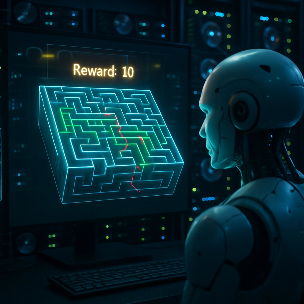 A photorealistic wide shot of a futuristic computer lab. A glowing, translucent head of a robot (the 'agent') looks at a complex 3D maze displayed on a large screen. Above the maze, a golden 'Reward: +10' text is glowing. Bright green and red lines crisscross the maze showing the agent's past decisions. The background is filled with spinning hard drives and blinking server lights. NO TEXT, LETTERS, OR WORDS.