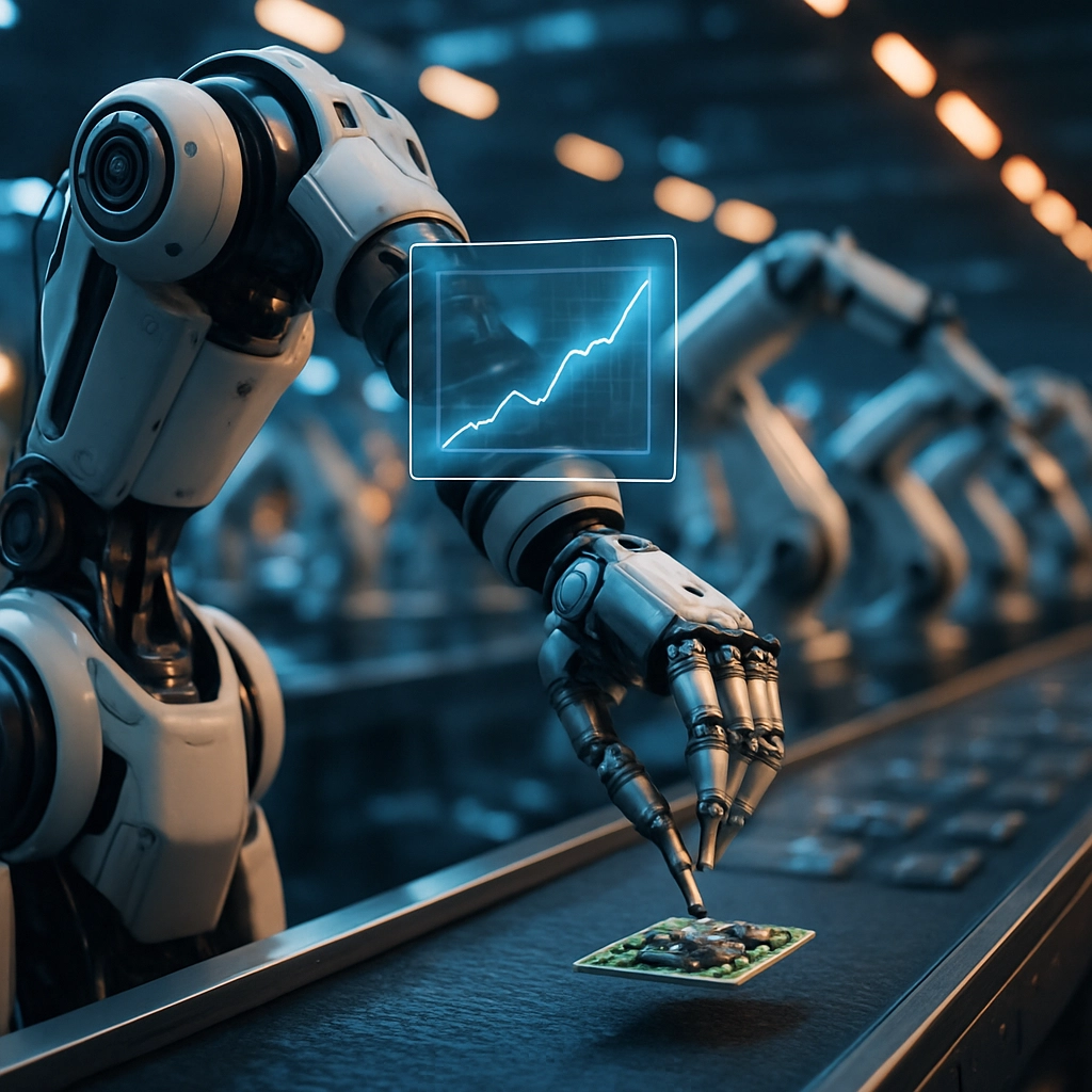 A photorealistic image of a humanoid robotic arm in a futuristic factory. The arm is skillfully picking up a delicate electronic component from a conveyor belt. A transparent holographic interface shows a graph with a line going upward labeled 'Reward - Episode 542'. The background is filled with other robotic arms moving in perfect synchronization, with blue and orange lights reflecting off polished metal surfaces. NO TEXT, LETTERS, OR WORDS.