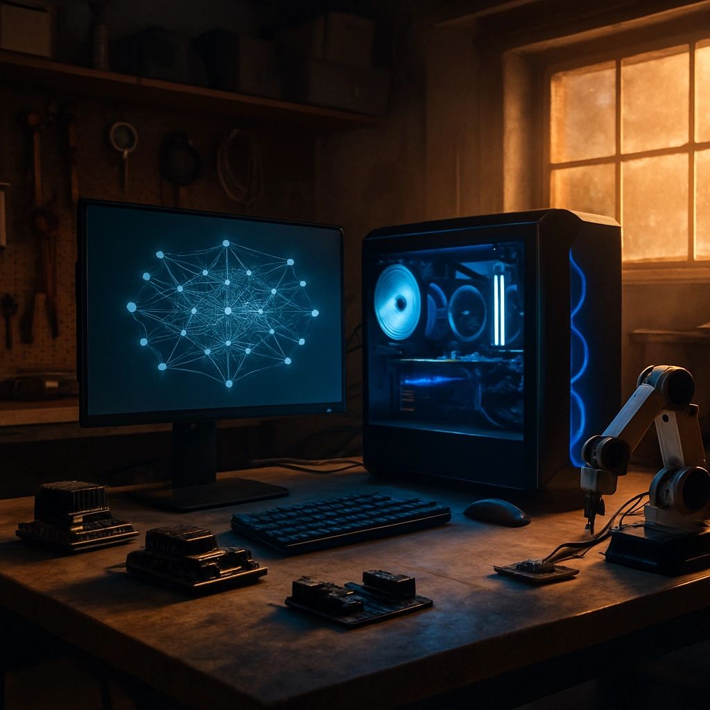 A photorealistic image of a modern home garage converted into an AI development lab. In the center, a powerful gaming PC with an RTX 4090 GPU glows with blue LED lights, connected to a monitor displaying a neural network visualization. On the workbench, there are NVIDIA Jetson modules and a robotic prototype arm. The lighting is dramatic, with orange sunlight filtering through a dusty window, contrasting with the cool blue of the PC. No text, letters, or words are present in the image. The scene feels like an inventor’s starting point, emphasizing accessibility and innovation.