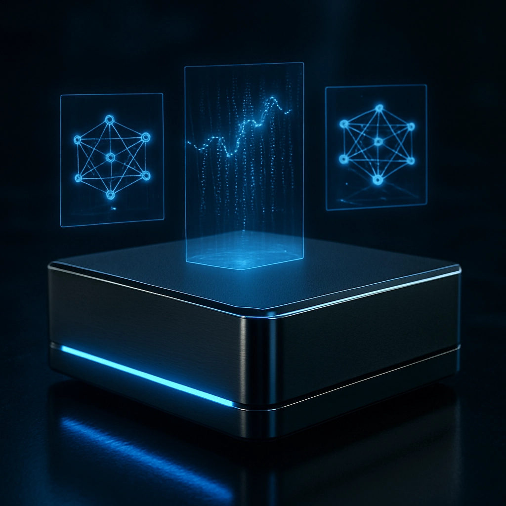A hyper-realistic product shot of a sleek, metallic NVIDIA DGX Spark device on a reflective black surface, with blue neon lighting. Small holographic displays float above the device, showing 3D neural network graphs and pulsating data streams. The background is dark and abstract, focusing all attention on the hardware. No text, letters, or words are visible. The image emphasizes power and compactness, suitable for showcasing a high-performance edge AI server.