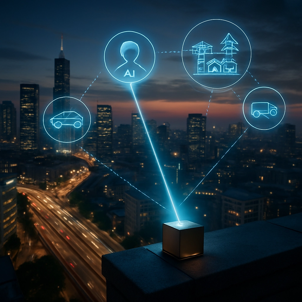 A futuristic, bird’s-eye view of a smart city skyline at dusk, with holographic overlays showing AI agents managing traffic, energy grids, and logistics. In the foreground, a small glowing DGX Spark sits on a building ledge, emitting a beam of light into the sky that connects to various data points. The scene is photorealistic, without any text, letters, or words. The image conveys a vision of decentralized, autonomous AI enhancing infrastructure and daily life.