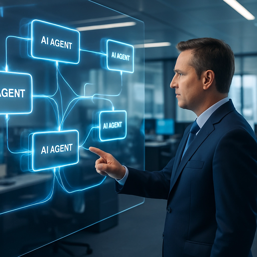 A realistic, high-quality photograph of a futuristic command center. A human manager in a business suit stands pointing at a large, translucent digital whiteboard showing a workflow of glowing boxes representing different AI agents (e.g., 'Procurement Agent', 'Logistics Agent', 'Finance Agent'). The agents are connected by animated, pulsing lines of blue light, showing data being passed between them. The environment is sleek, professional, and brightly lit. No text, letters, or words are visible. High detail, photorealistic, 8K resolution.