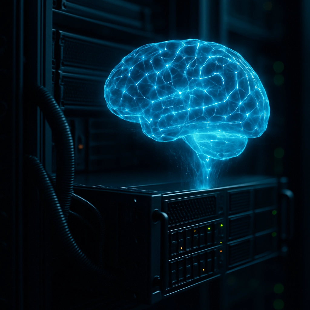 A close-up, realistic, cinematic photograph of a server rack in a dimly lit data center. A glowing, ethereal blue digital brain symbol is floating just above the server, made of interconnected nodes and data streams. The image focuses on the hardware infrastructure, showing cooling pipes, blinking lights, and high-tech engineering. No text, letters, or words are visible. High detail, photorealistic, dramatic lighting, 8K resolution.
