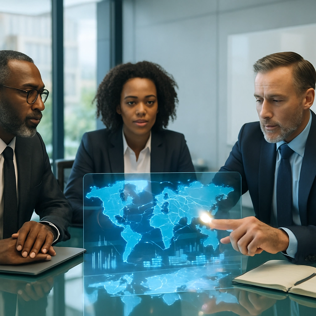 A realistic, professional photograph of a diverse team of three business executives having a productive meeting around a high-tech glass table. In the center of the table, a holographic projection shows a complex supply chain map with active shipping routes and inventory levels. One executive is pointing at a glowing node on the map. The environment is a modern, bright boardroom with large windows. No text, letters, or words are visible on the hologram or whiteboard. High detail, photorealistic, cinematic composition.