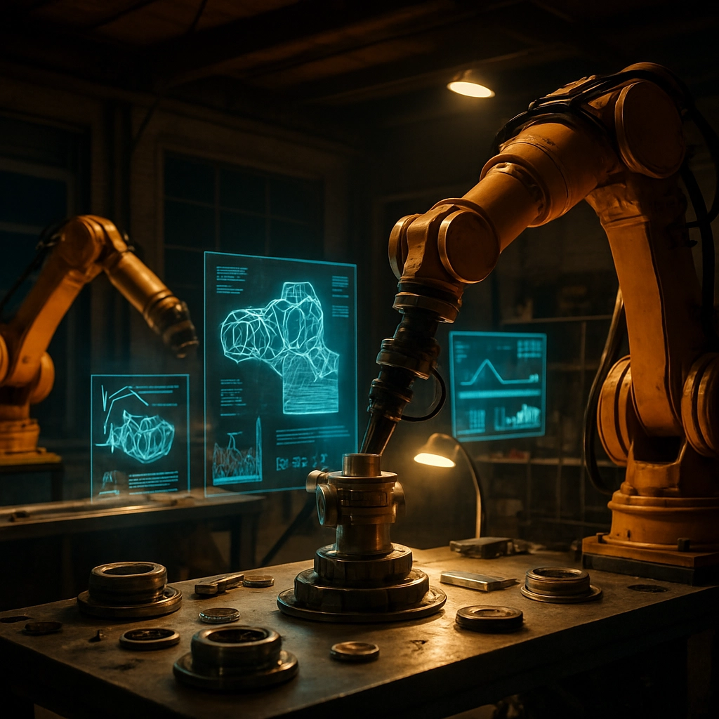 A laboratory garage scene with robotic arms assembling mechanical parts, illuminated by warm indoor lights, with holographic displays showing 3D models and data charts, no text or letters, photorealistic quality, high resolution.