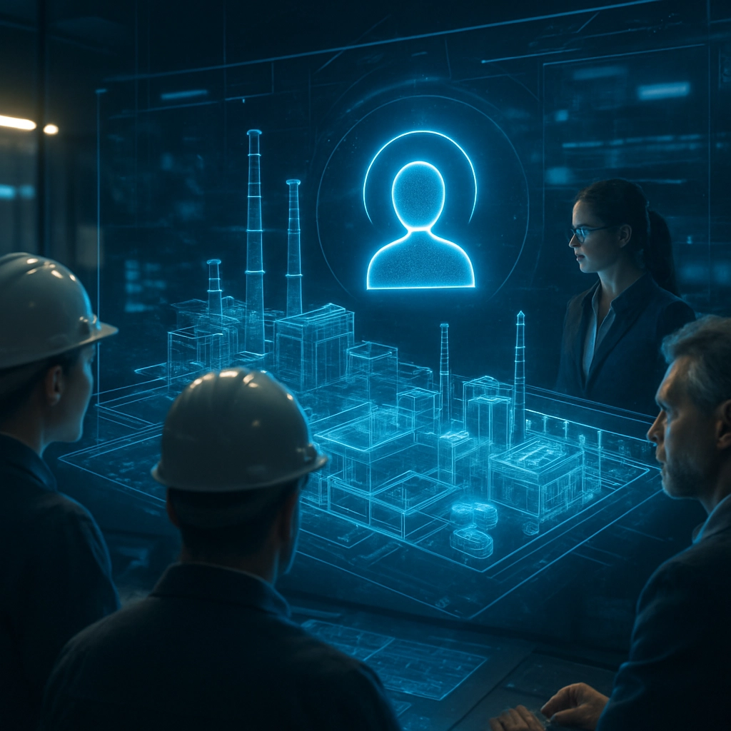 A futuristic control room with a large holographic interface showing a 3D map of a factory, a glowing blue AI agent icon in the center, engineers observing, no text or letters, cinematic lighting, hyper-realistic.