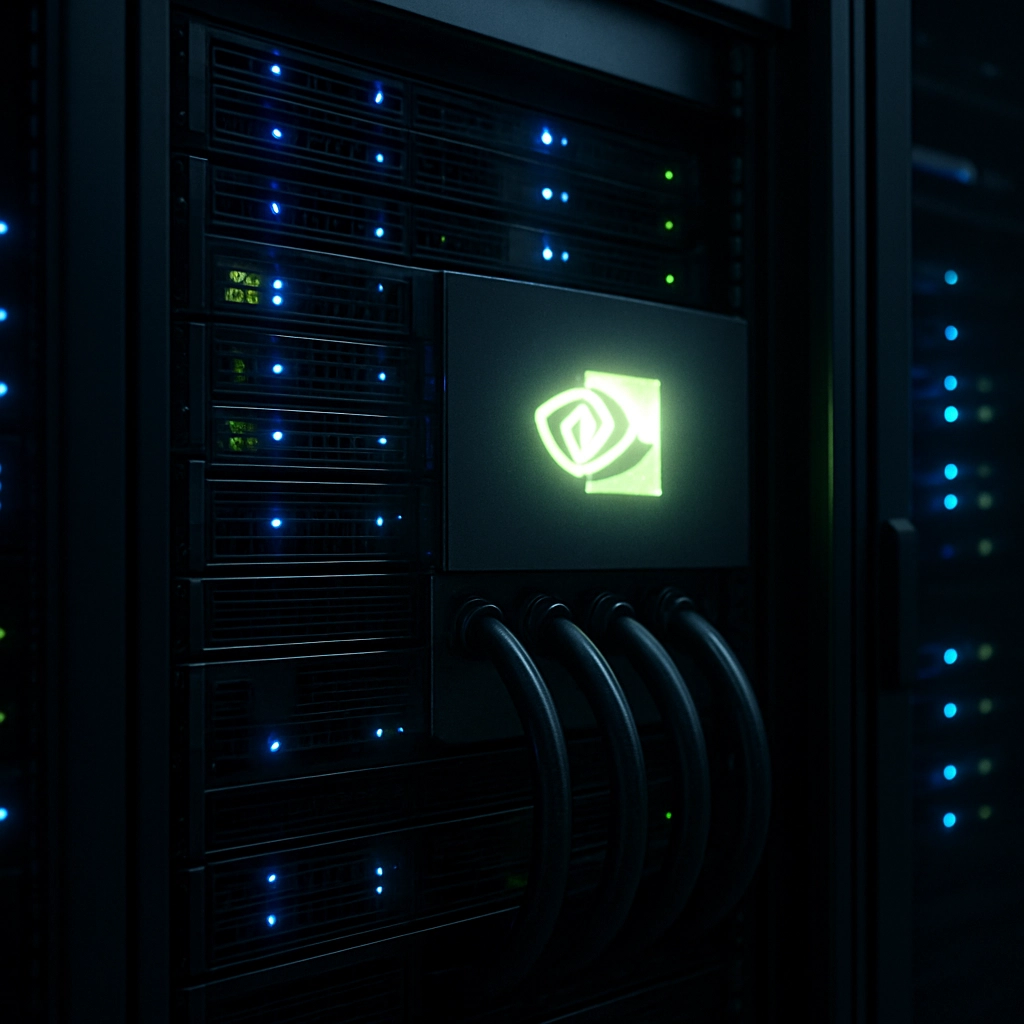 A sleek data center rack with glowing blue and green server lights, a glowing NVIDIA logo softly visible, servers with advanced cooling pipes, no text or letters, photorealistic, modern technology.