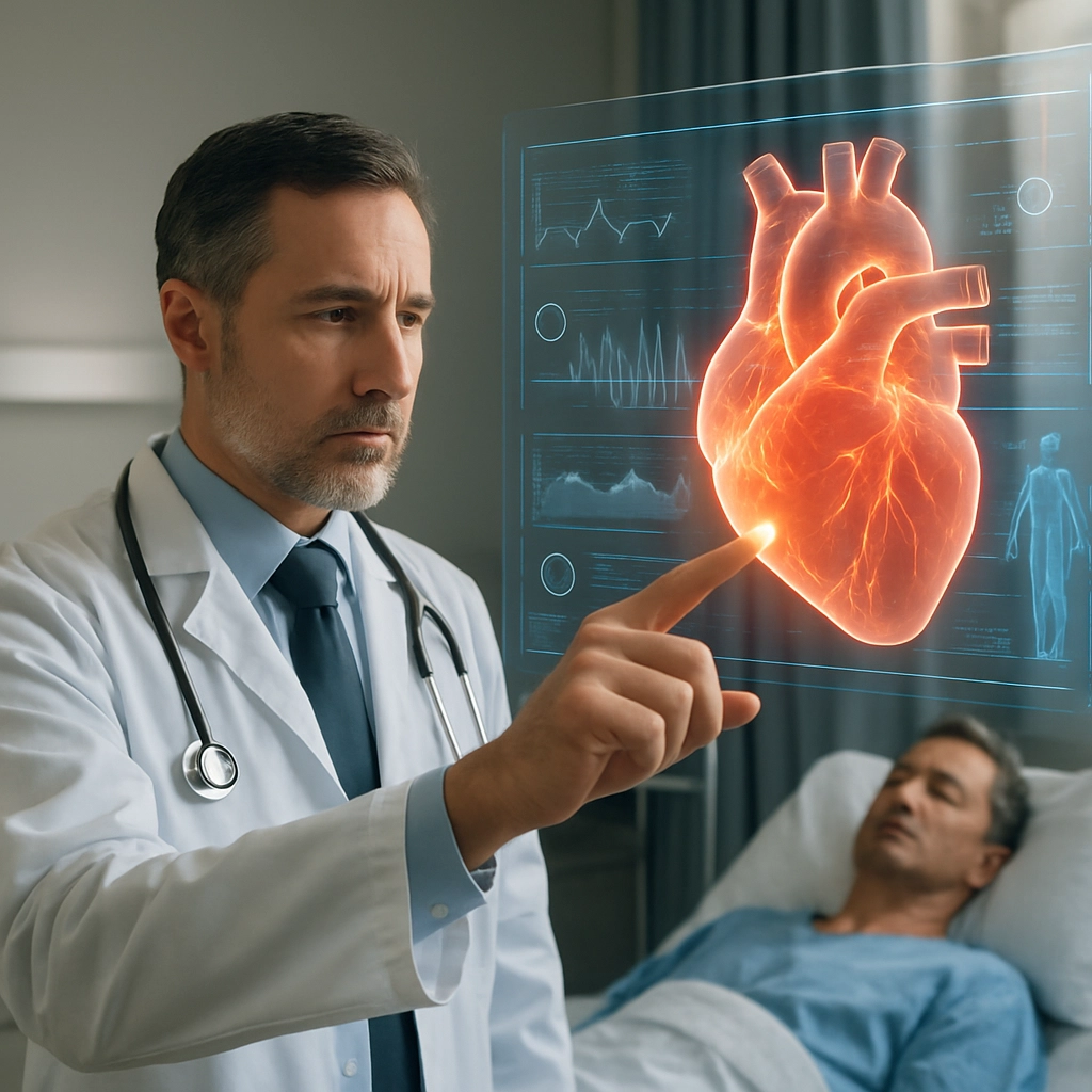 A realistic hospital room with a doctor pointing at a holographic display showing a 3D human heart with data analytics, AI diagnostics running in the background, no text or letters, high detail, realistic lighting.