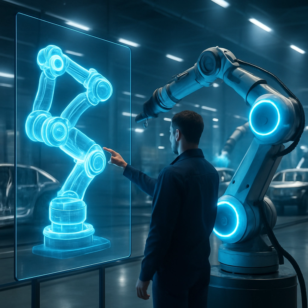 A photorealistic, cinematic image of a futuristic, clean manufacturing floor. A human engineer stands in front of a large holographic display, pointing at a 3D model of a robotic arm. The arm is physically moving next to the display, its joints glowing with blue energy. In the background, other robotic arms work on car chassis. The lighting is cool and high-tech, with beams of light. There is absolutely no text, letters, or words visible anywhere on the hologram, the machinery, or the walls.