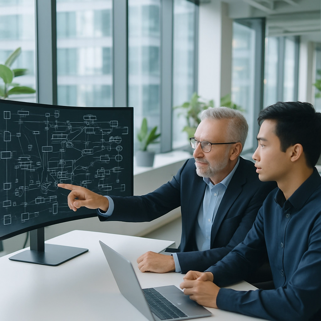 A photorealistic image of a modern, bright office space. Two professionals are sitting at a sleek desk. One is a senior manager, pointing at a large curved screen showing complex data flow diagrams and network topologies. The other is a younger employee, looking at the screen intently. The workplace is clean, with plants and natural light. There are no papers or traditional tools visible. The image must contain no text, words, or letters on the screen or anywhere else.