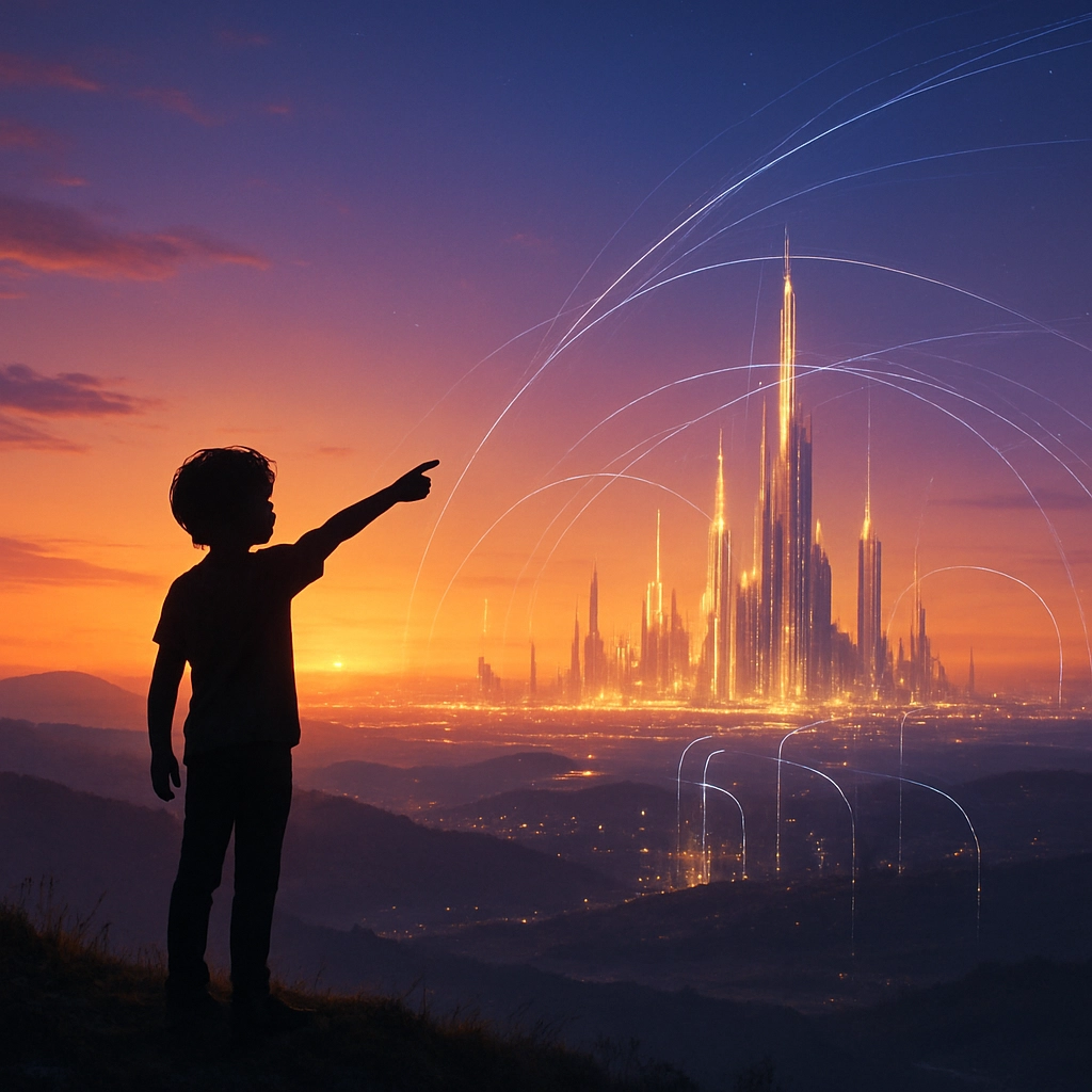 A breathtaking, photorealistic landscape at sunset, viewed from a high hilltop. In the foreground, a young silhouette of a person stands with their arm raised, pointing toward a distant horizon. The horizon is filled with the glowing outlines of a futuristic city, with glowing spires and floating, translucent data streams connecting buildings. The sky is a gradient of orange, purple, and deep blue. The scene must evoke a sense of awe, possibility, and future potential. Absolutely no text, letters, or words are present.