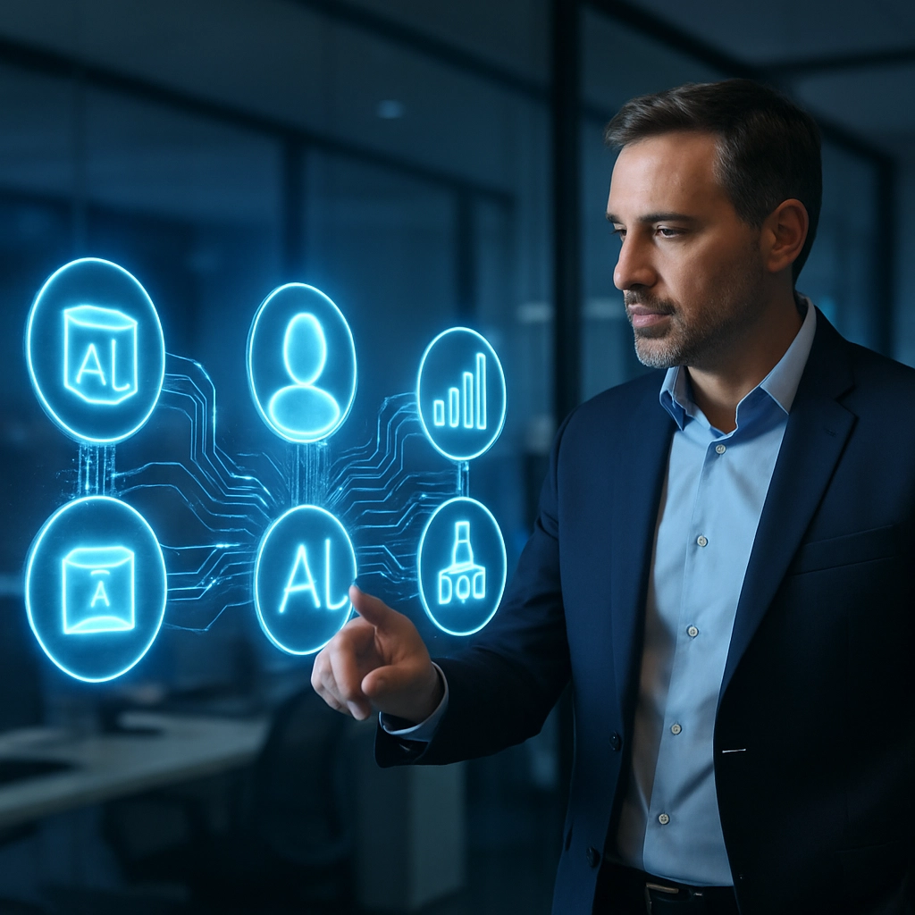 A highly realistic, high-quality image of a futuristic office where a human manager is interacting with a holographic display showing multiple AI agents represented as glowing, distinct icons. Each agent is labeled with a specific business function icon (e.g., a box for supply chain, a head for HR, a chart for finance). The agents appear to be working together, with lines of data flowing between them. The setting is a modern, tech-savvy workspace with soft blue ambient lighting. No text, letters, or words are present.