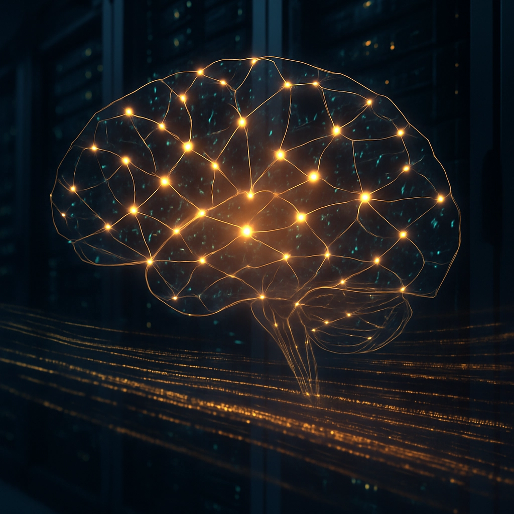 A high-quality, photorealistic image showing a stylized neural network or brain made of glowing nodes and connections, overlaid on a background of a computer server room. The network appears to be processing data streams that look like flowing lines of binary code. The image should convey the concept of deep learning and data processing. No text, letters, or words are allowed.
