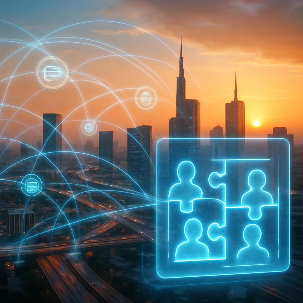 A futuristic, photorealistic image of a smart city skyline at sunset, with transparent holographic data streams connecting various systems like traffic, energy, and supply chains. In the foreground, a holographic display shows several AI agents working together represented as glowing puzzle pieces fitting together. The scene should feel harmonious and advanced, representing the future of integrated smart systems. No text, letters, or words.