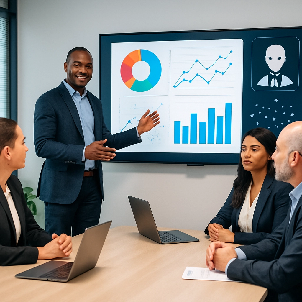 A high-quality image of a modern, clean corporate meeting room where a team of diverse professionals is looking at a large interactive screen showing a dashboard with charts and data points. In the corner of the screen, a small, elegant icon of an AI agent is visible, suggesting its integration into the decision-making process. The lighting is professional and inviting, with no text, letters, or words on the screen or image.