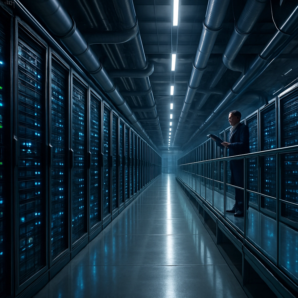 A highly detailed, photorealistic 3D render of a massive, futuristic data center interior. Countless rows of sleek, black server racks with glowing blue and green LEDs are visible, stretching into the distance. Coolant pipes snake overhead, and a single, illuminated glass walkway allows a technician to inspect the machinery. The atmosphere is clean, cool, and highly technological. No text, letters, or words are present in the image.