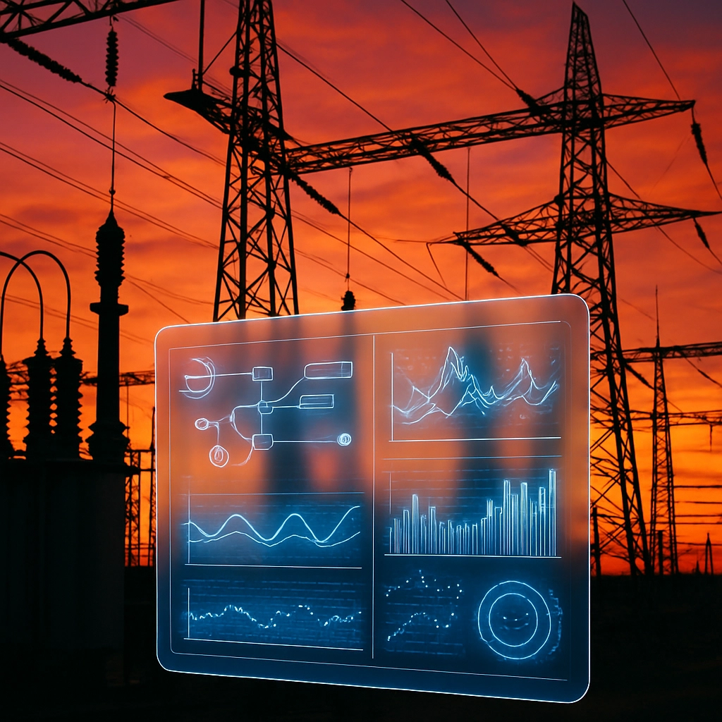 A photorealistic image of a modern electrical substation at sunset. The metal towers and transformers are silhouetted against a vibrant orange and pink sky. In the foreground, a glowing holographic interface displays complex energy flow data and predictive analytics, floating in mid-air. The scene is a blend of industrial infrastructure and futuristic digital overlay. No text, letters, or words appear in the image.