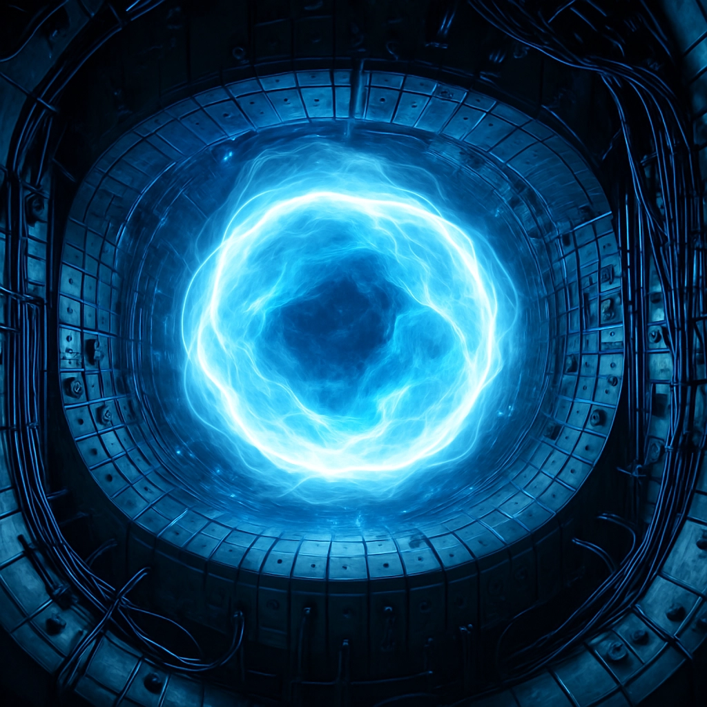 A stunning, realistic 3D visualization of a nuclear fusion reactor's interior. A brilliant, swirling ball of plasma, glowing in shades of electric blue and white, is suspended by invisible magnetic fields inside a toroidal chamber. The walls of the chamber are covered with complex diagnostic sensors. The image is bathed in the intense light of the plasma. No text, letters, or words are visible.