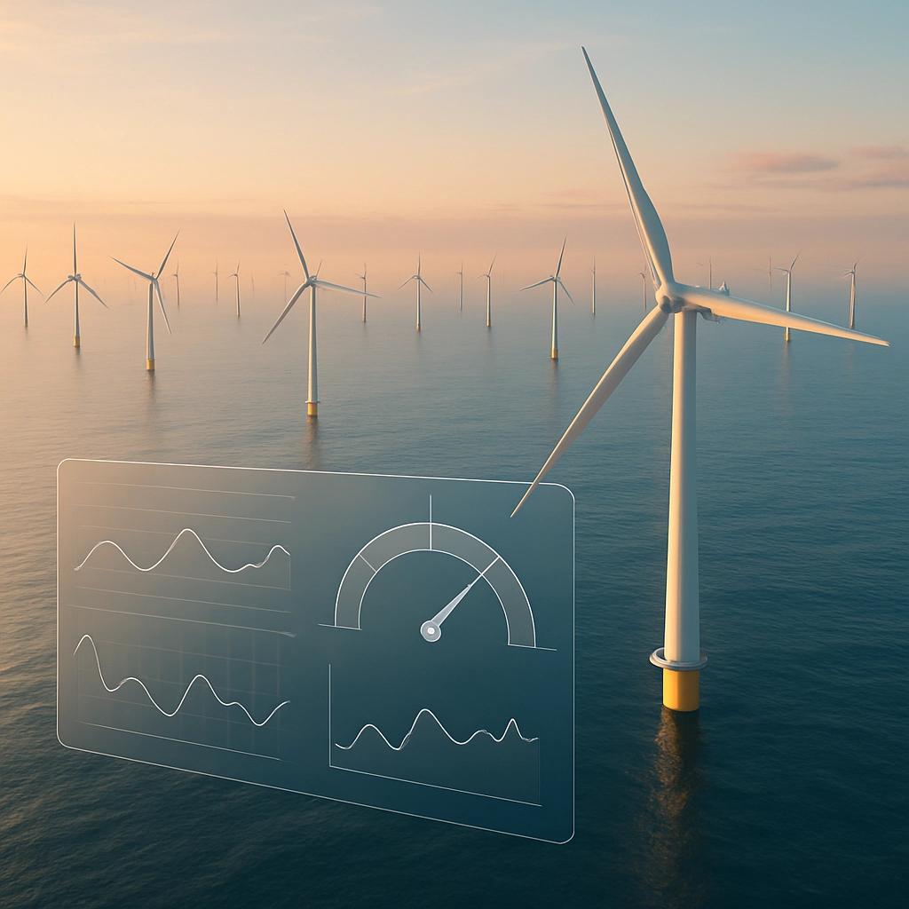 A photorealistic aerial view of a large offshore wind farm at dawn. Dozens of white wind turbines stand tall in a calm, blue sea. The light is soft and golden. In the foreground, a transparent digital overlay shows data on wind speed, turbine output, and predicted maintenance needs, seamlessly integrated into the natural scene. No text, letters, or words are present.