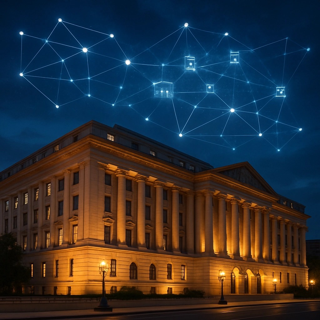 A majestic, photorealistic image of the Department of Energy's headquarters in Washington D.C. at dusk. The classical architecture is lit by warm light. In the sky above the building, a digital constellation of interconnected nodes representing the national energy grid and data centers is visible, pulsing with light. The image blends historic authority with futuristic digital reality. No text, letters, or words appear.